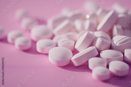 White pills on pink surface photo