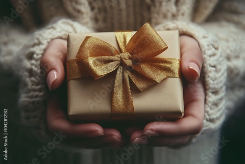 Elegant Gift Box with Golden Bow on Feminine Hands