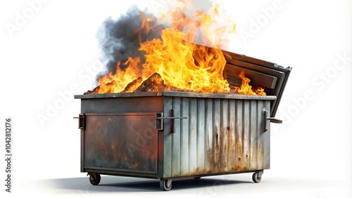 Isolated trash burning uncontrollably in a dumpster fire against a white background