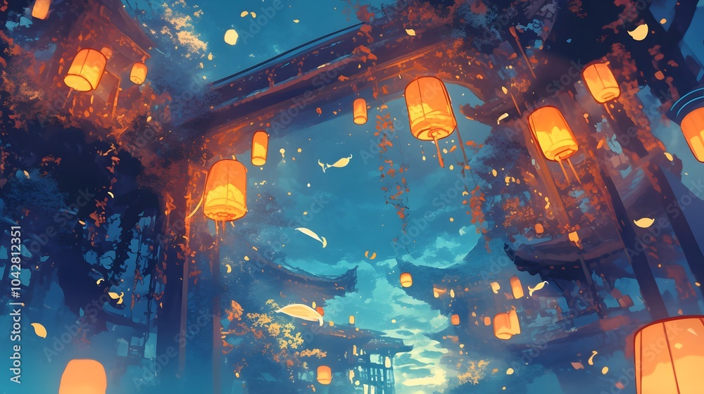 An anime-style dreamscape with hanging lanterns and floating light particles creating a serene and enchanting atmosphere. The scene is washed in calming blue and golden hues, evoking tranquility.