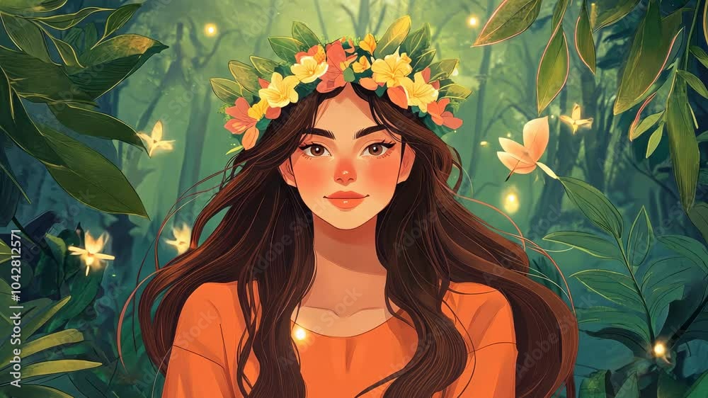 A serene portrait of a woman with a floral crown, set against a lush, green background, A serene portrait of a woman with a floral crown, set against a lush, green background,