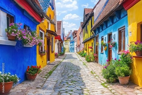 Colorful cobblestone street lined with vibrant houses and flowers.