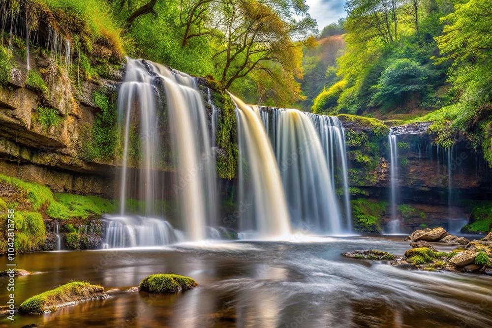 Obraz premium Extreme close-up of Sgwd Ddwli Isaf waterfalls on the river Neath in South Wales
