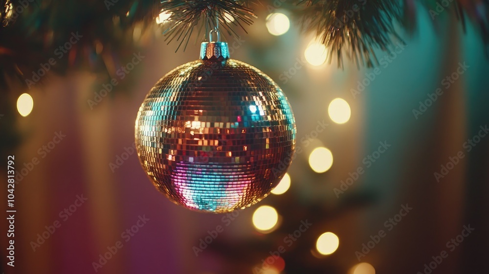 Sparkling Disco Ball Hanging in Vibrant Setting Sparkling Disco Ball Hanging in Vibrant Setting