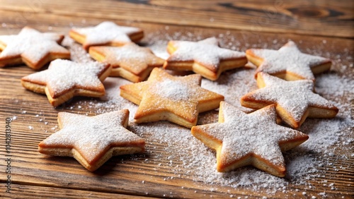 Extreme close-up of star shaped cookies dusted with powdered sugar on wooden table photo