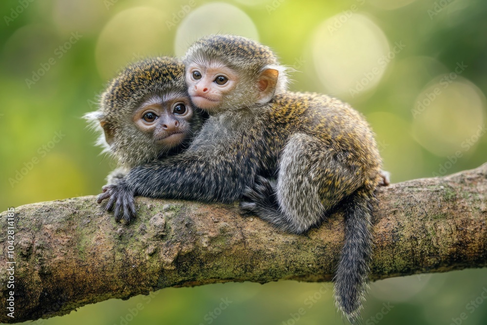 Fototapeta premium Two adorable monkeys cuddling on a tree branch in a natural setting.