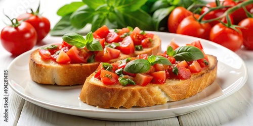 Italian bruschetta with chopped tomatoes basil and olive oil on white plate isolated background