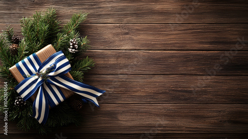 A beautifully wrapped gift rests on a rustic wooden surface, adorned with greenery and pine cones, evoking a festive, holiday atmosphere. photo