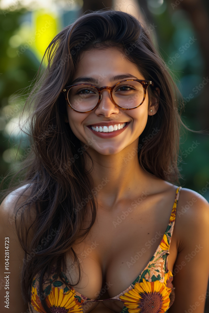 A smiling woman wearing glasses and a sunflower print bikini A smiling woman wearing glasses and a sunflower print bikini