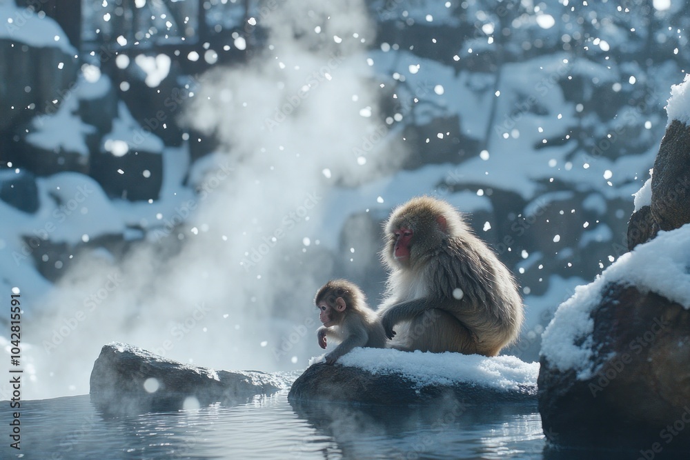 Obraz premium A snow-covered scene featuring a monkey and its baby near steaming water.