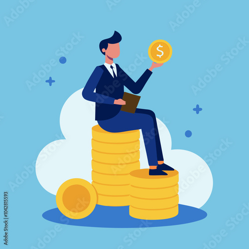 A person in a suit sitting on a giant stack of coins, counting money vector art illustration