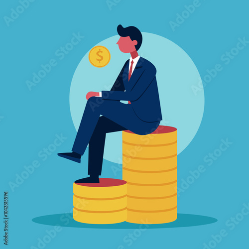 A person in a suit sitting on a giant stack of coins, counting money vector art illustration