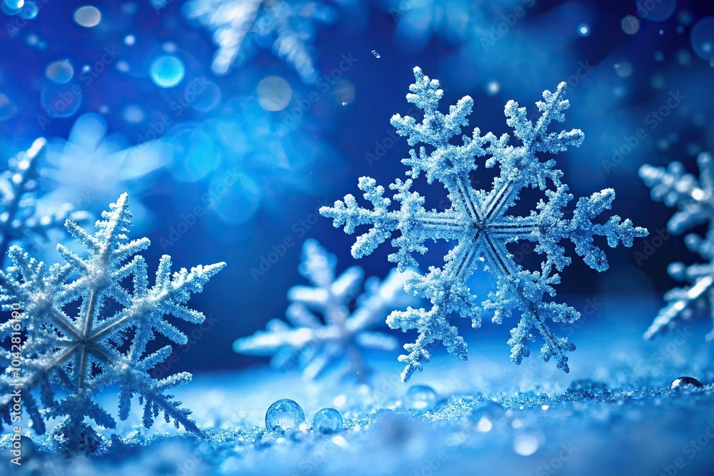 Extreme close-up snowflakes on blue background with falling snow and night sky Extreme close-up snowflakes on blue background with falling snow and night sky