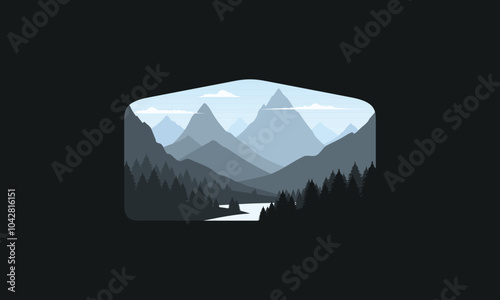 Landscape badge flat vector design illustration of mountains, calm river and silhouettes of pine trees, soft blue gradations layered