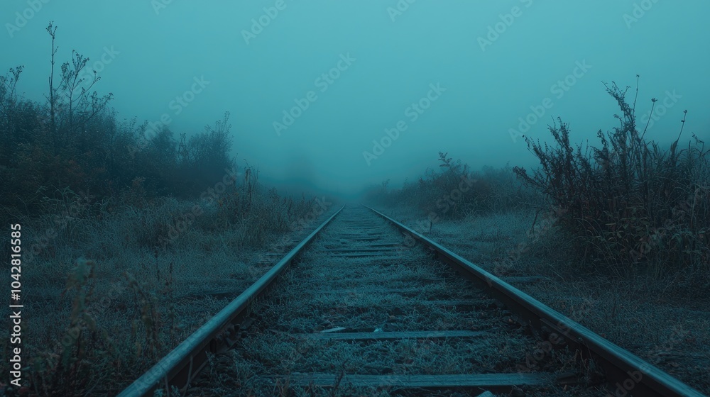 Fototapeta premium Foggy Railway Tracks in Serene Landscape