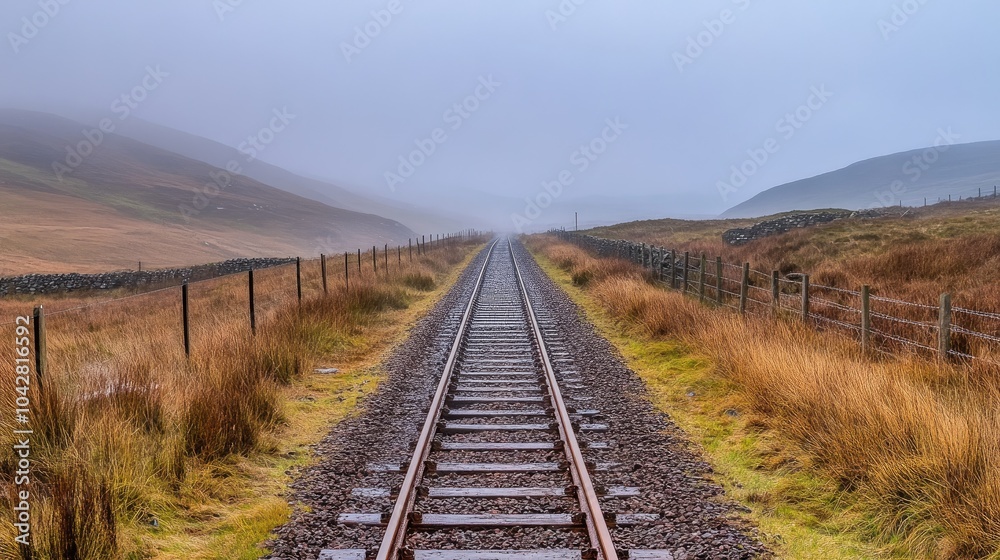 Tranquil Railway Tracks in a Misty Landscape Tranquil Railway Tracks in a Misty Landscape