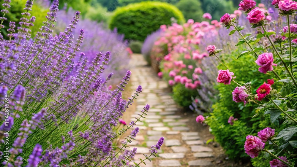 Obraz premium Extreme close-up view of footpath amidst purple catnip and roses in summer garden