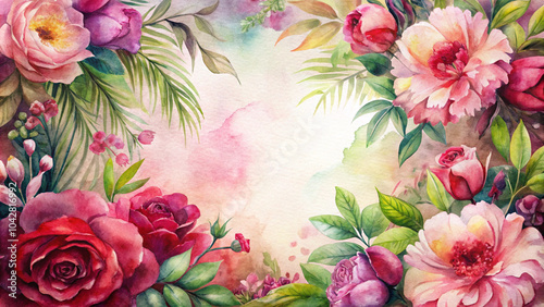 Watercolor floral composition with pink and red roses, peonies and lush greenery.Bright romantic frame congratulations, invitations, birthdays, weddings or Valentine's Day decoration.