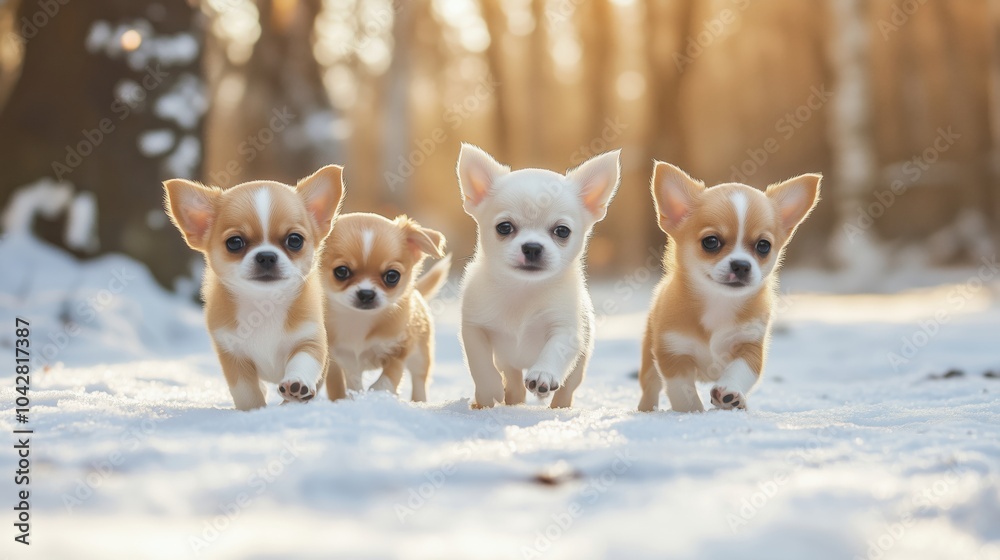 Chihuahuas playing in snow, four adorable puppies walking together Chihuahuas playing in snow, four adorable puppies walking together