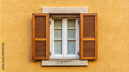Facade of closed window with asymmetrical shutters detail