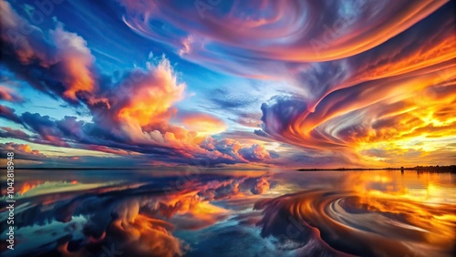 fantastical landscape with vibrant colored clouds reflected in water