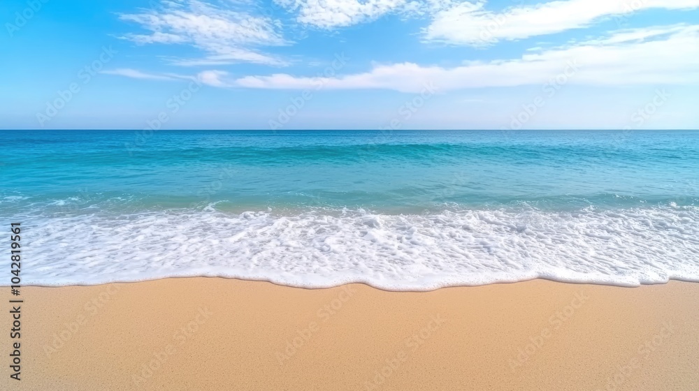 Fototapeta premium A tranquil beach scene with crystal clear waters, gentle waves, and a bright blue sky, perfect for relaxation and enjoying nature.