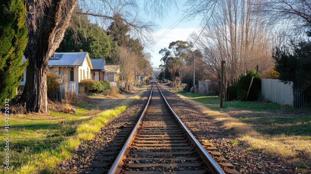 Obraz premium Tranquil Railway Track Surrounded by Nature