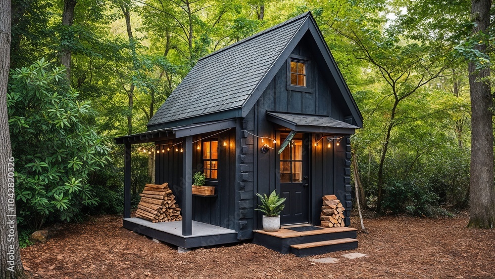 rustic, small wooden cabin nestled in a lush, green forest setting. The cabin is painted in a dark charcoal color, with a steep, shingled roof and a single glass door at the front. rustic, small wooden cabin nestled in a lush, green forest setting. The cabin is painted in a dark charcoal color, with a steep, shingled roof and a single glass door at the front.