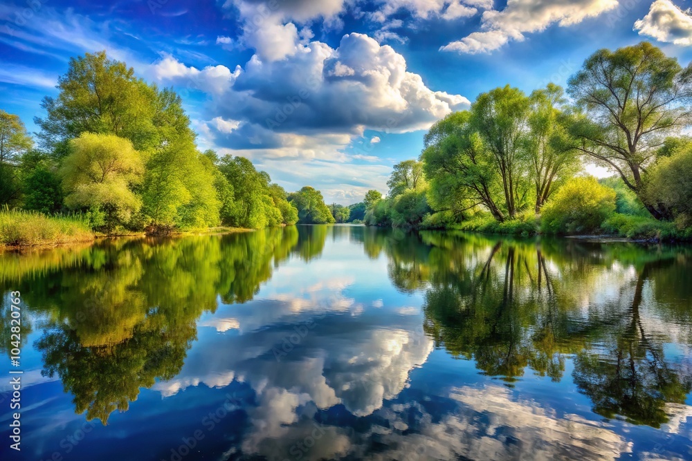 Obraz premium description: Serene river reflecting sunlight on a peaceful day