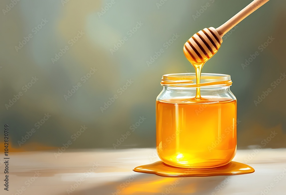 Getting honey from a jar with a wood dipper. Close up view of this healthy food made by bees in nature, acacia tree honey photographed against honeycomb yellow background.
