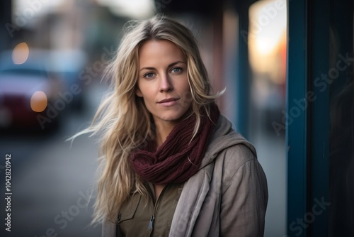 Portrait of a beautiful young woman with long blond hair in the city