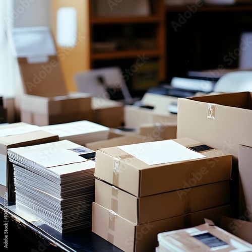 Stacked Cardboard Boxes and Paper Products in Office or Warehouse