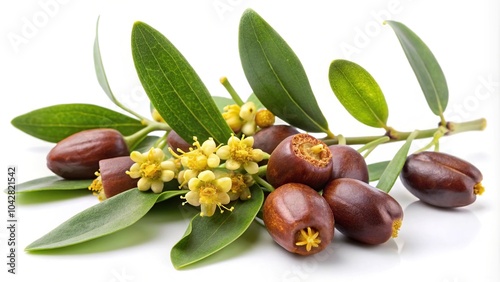Jojoba flower leaves and seeds on white background