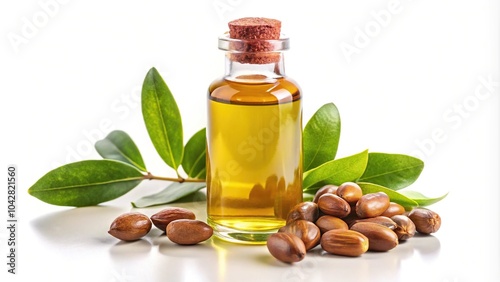 jojoba oil bottle with jojoba seeds isolated on white background