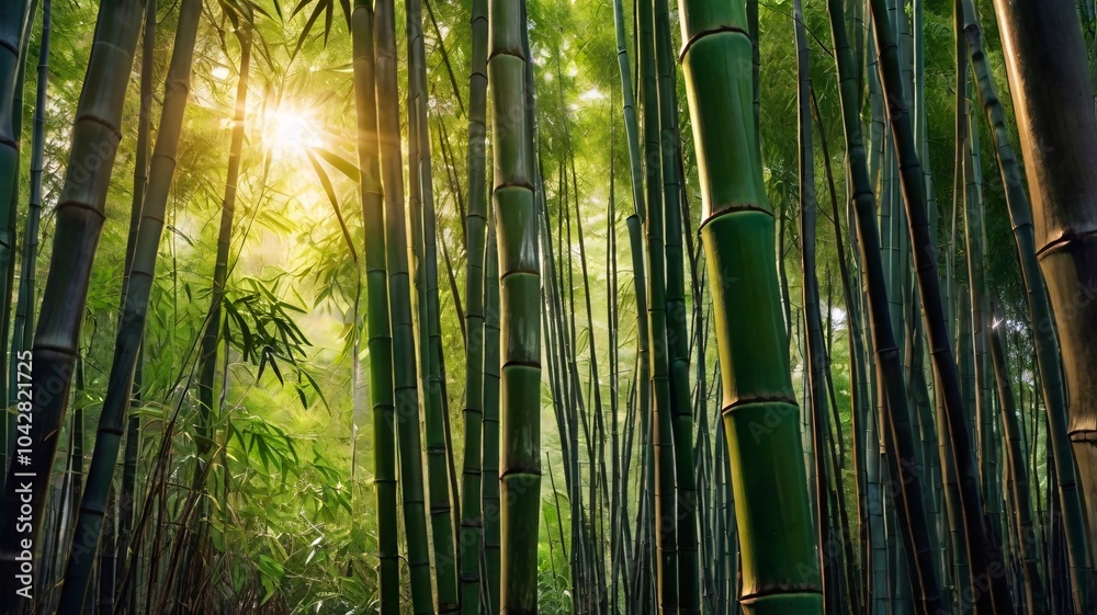 Fototapeta premium The sun shines through a dense bamboo forest.