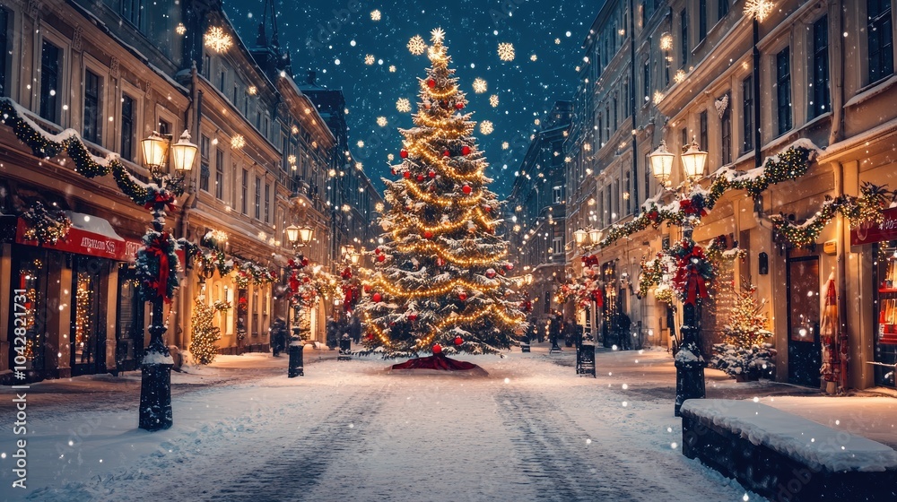 Obraz premium Festive Winter Scene with a Decorated Christmas Tree