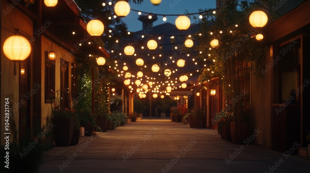 Enchanted Pathway with Lanterns and String Lights Enchanted Pathway with Lanterns and String Lights