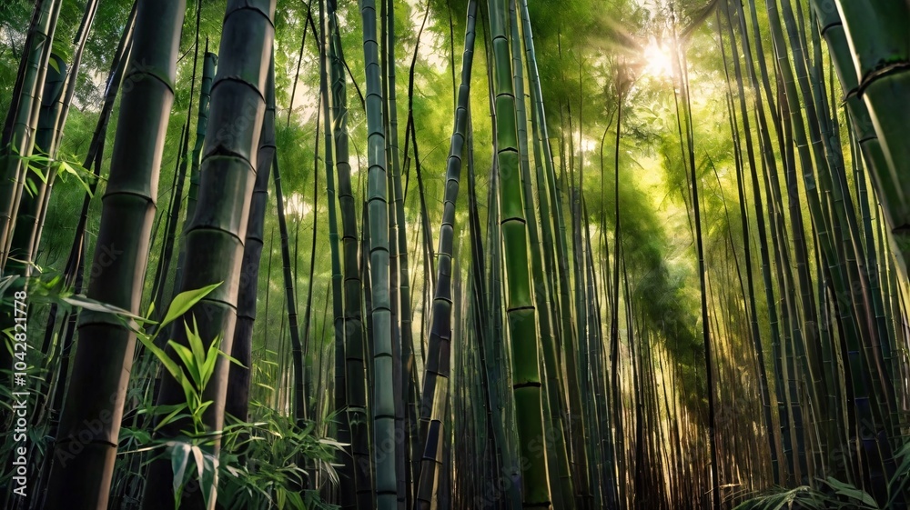Fototapeta premium The sun shines through a dense bamboo forest.