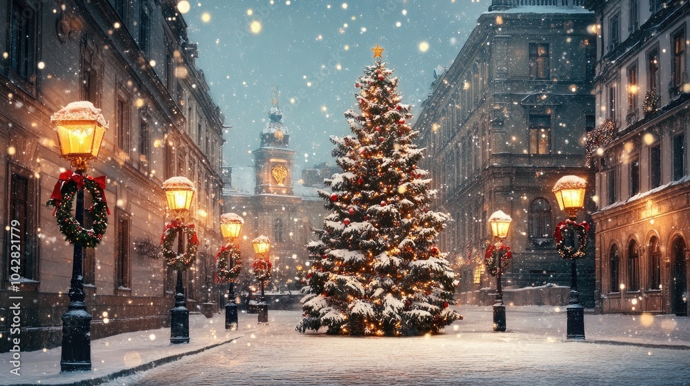 Winter Wonderland with Christmas Tree in Snowy Scene Winter Wonderland with Christmas Tree in Snowy Scene