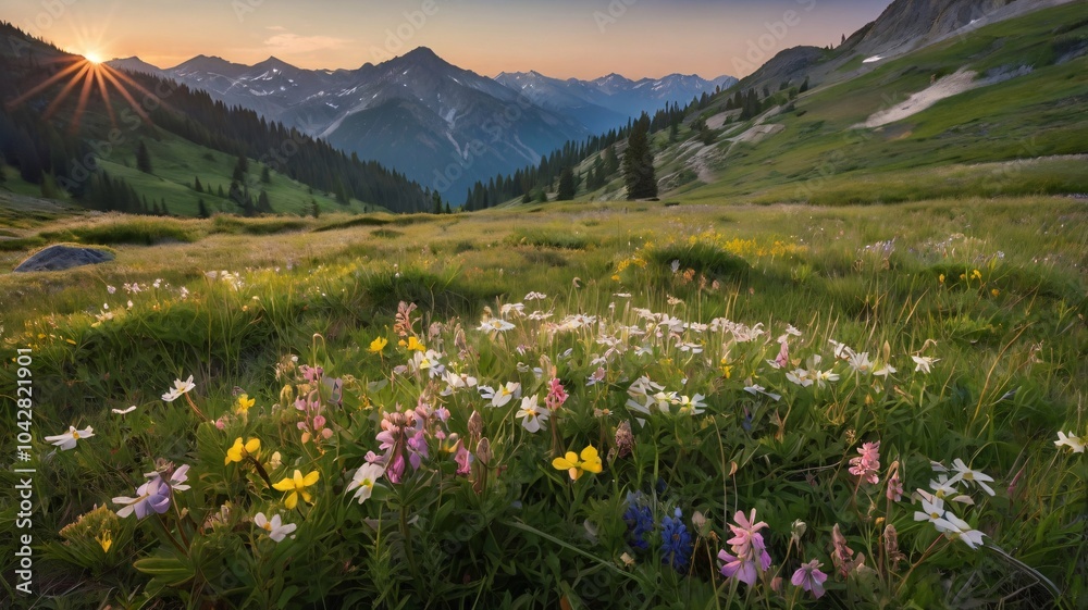 Fototapeta premium Golden Sunrise Over a Mountain Meadow Filled with Wildflowers