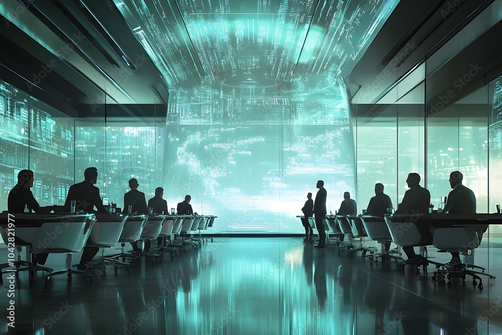 Futuristic Holographic Corporate Conference with Ghostly Executives in Glass and Metal Space Futuristic Holographic Corporate Conference with Ghostly Executives in Glass and Metal Space