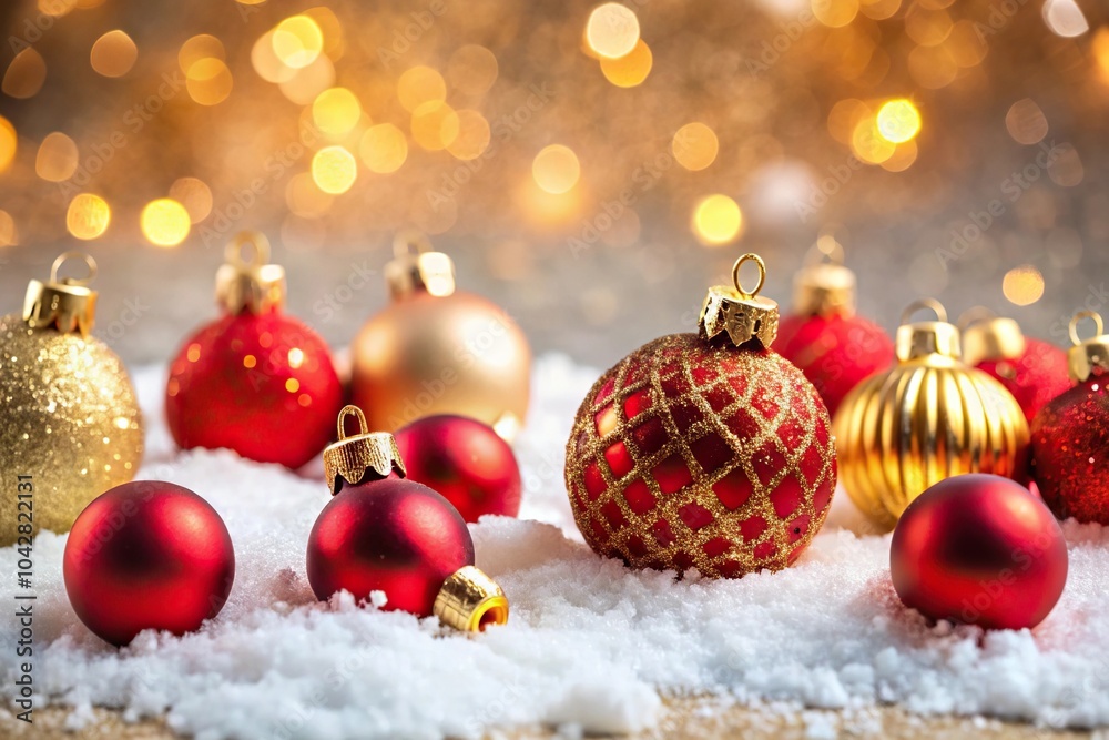 festive holiday decorations on snow background festive holiday decorations on snow background