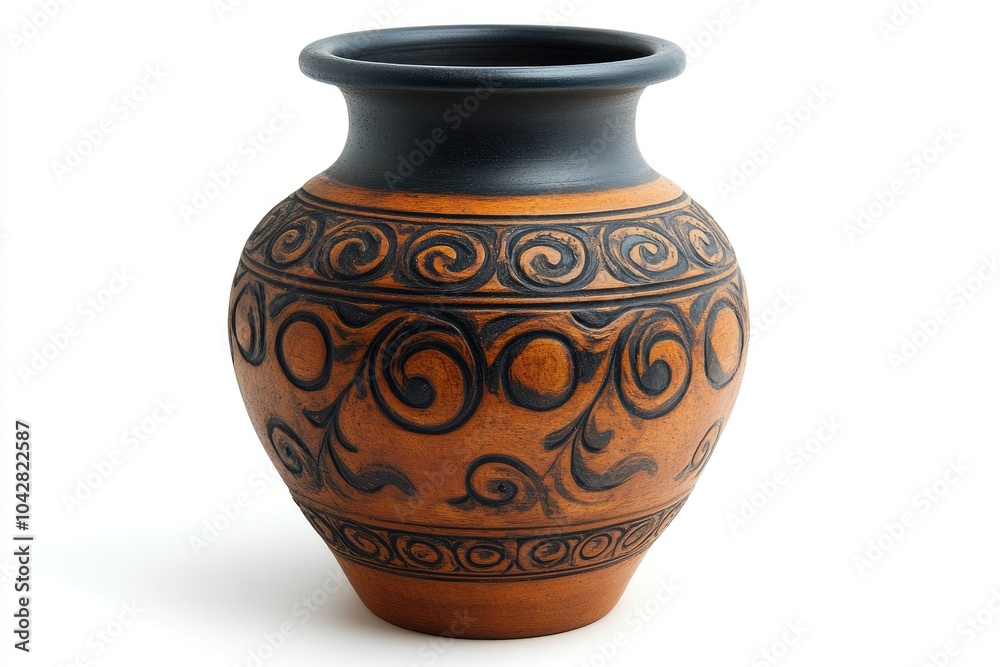 Clay vase showing traditional pottery art standing on white background Clay vase showing traditional pottery art standing on white background
