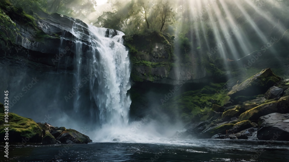 Obraz premium Sunlight Bathes Waterfall in Lush Forest