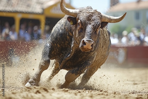 Powerful bull running in a bullring raising dust