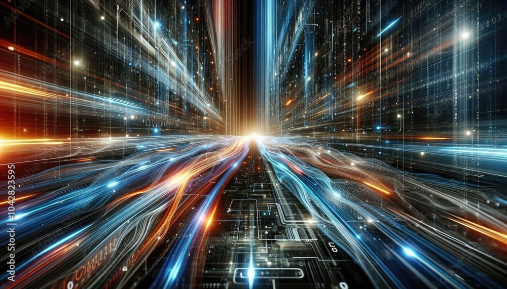 Obraz premium Futuristic Data Highway: Rapid Light Trails Representing Machine Learning, AI Processing, and Big Data Transmission in a Digital Matrix Environment with Floating Binary Code
