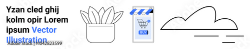 Text beside a plant, smartphone with a shopping cart icon, and a stylized cloud outline. Ideal for e-commerce, digital marketing, online shopping, cloud technology, nature. Banner for landing page