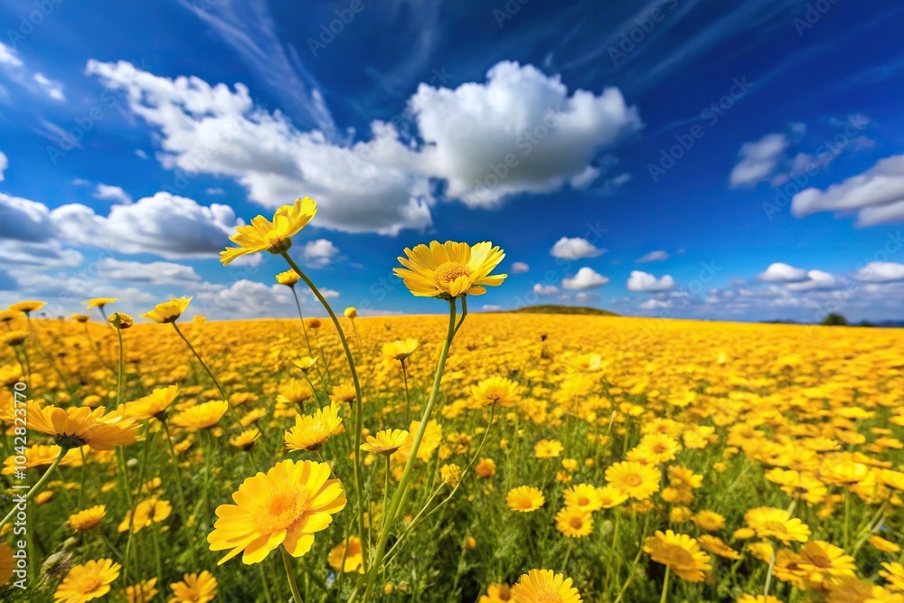 Fototapeta premium Field of yellow flowers on blue sky background, shot at a tilted angle