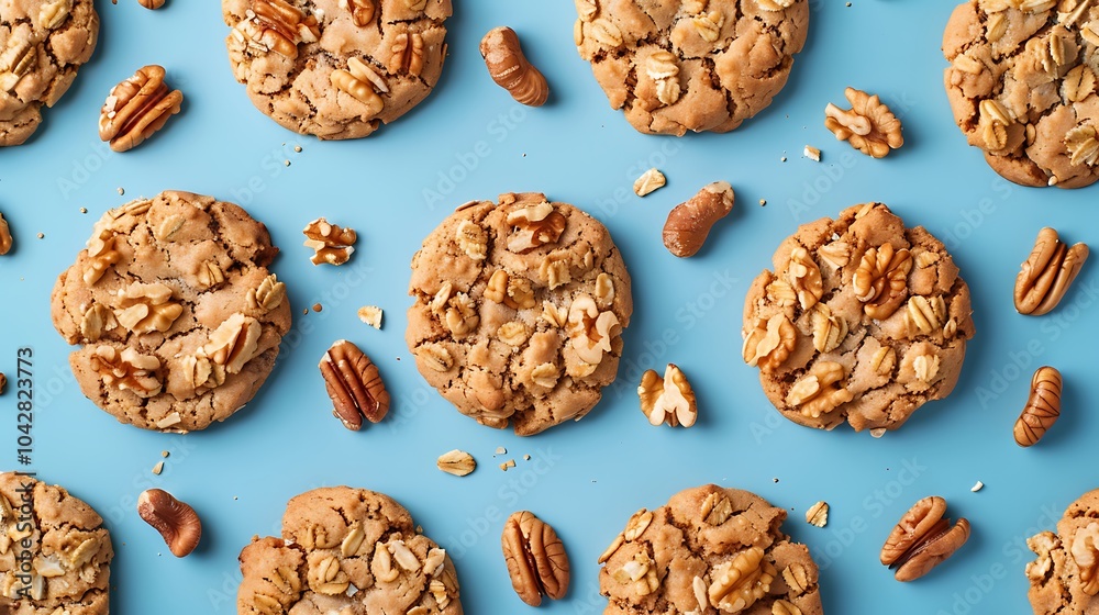 Cereal cookies that are just made and have nuts and walnuts on an indigo backdrop Cereal cookies that are just made and have nuts and walnuts on an indigo backdrop