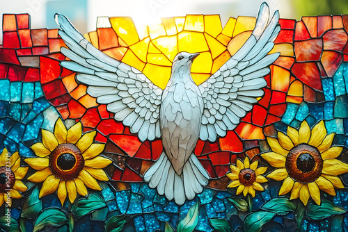 A vibrant stained glass artwork features a dove with outstretched wings, surrounded by sunflowers against a colorful backdrop. photo